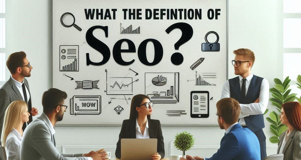 Office people talking about the definition of SEO that is written on a board